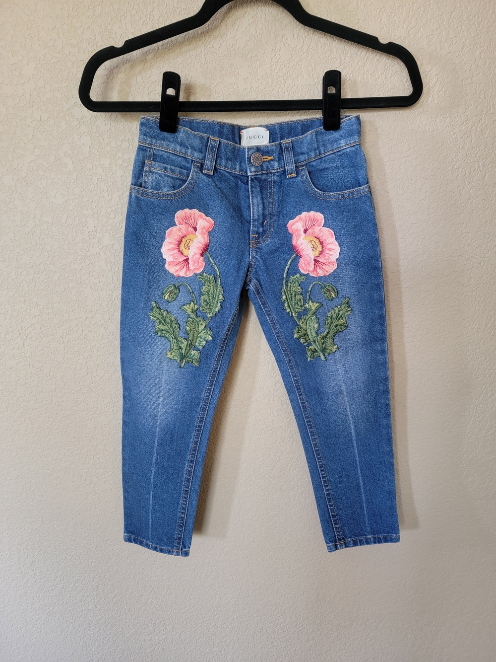Gucci Blue Kids Jeans with Pink Floral Embroidery Patch, Girl's Size 6